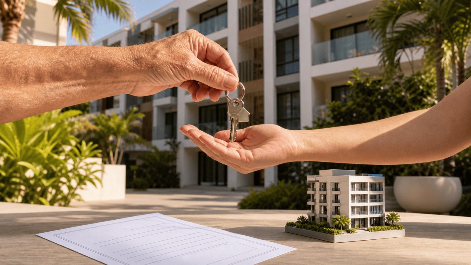 Remise des clés d'un condo hérité devant l'immeuble en Thaïlande
