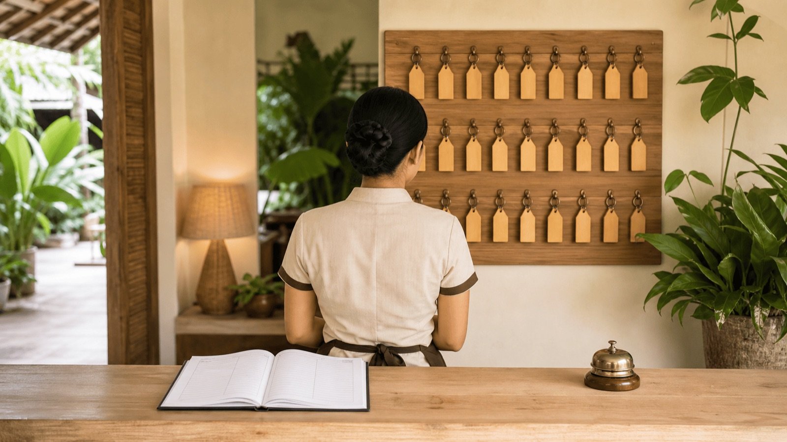 Tableau de clés d'un petit établissement et registre ouvert, l'activité encadrée par le Hotel Act