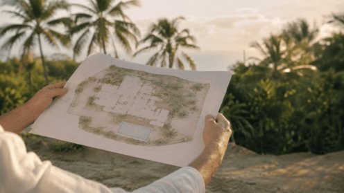 Plan d'implantation d'une villa tenu en mains sur son terrain à Koh Samui