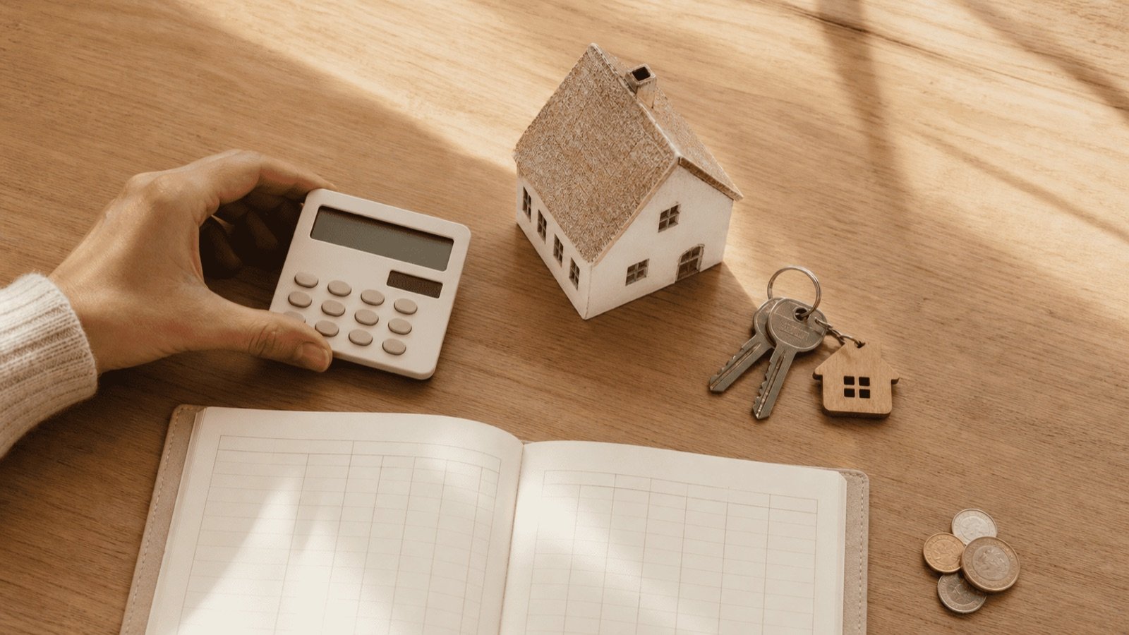 Calculatrice, maison miniature et carnet de comptes, illustrant l'impôt sur les revenus locatifs en Thaïlande