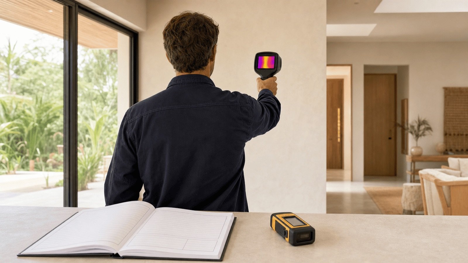 Technicien scannant un mur avec une caméra thermique dans un logement, l'inspection technique avant achat en Thaïlande