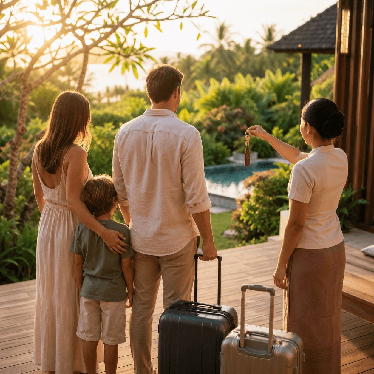 Famille européenne accueillie avec remise des clés d'une villa à Koh Samui