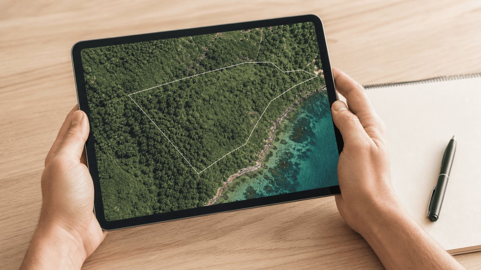 Parcelle affichée en vue aérienne sur tablette, la consultation du cadastre en ligne LandsMaps