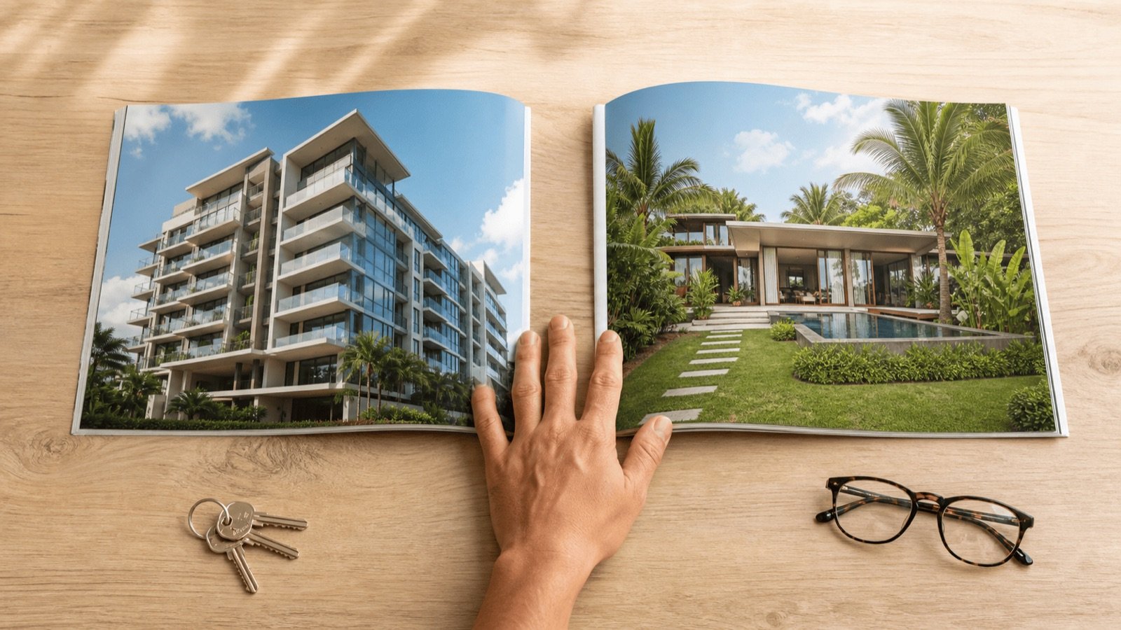 Brochure ouverte comparant un immeuble de condos et une villa avec piscine, leasehold ou freehold en Thaïlande