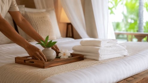 Chambre mise en scène pour la vente dans une villa à Koh Samui