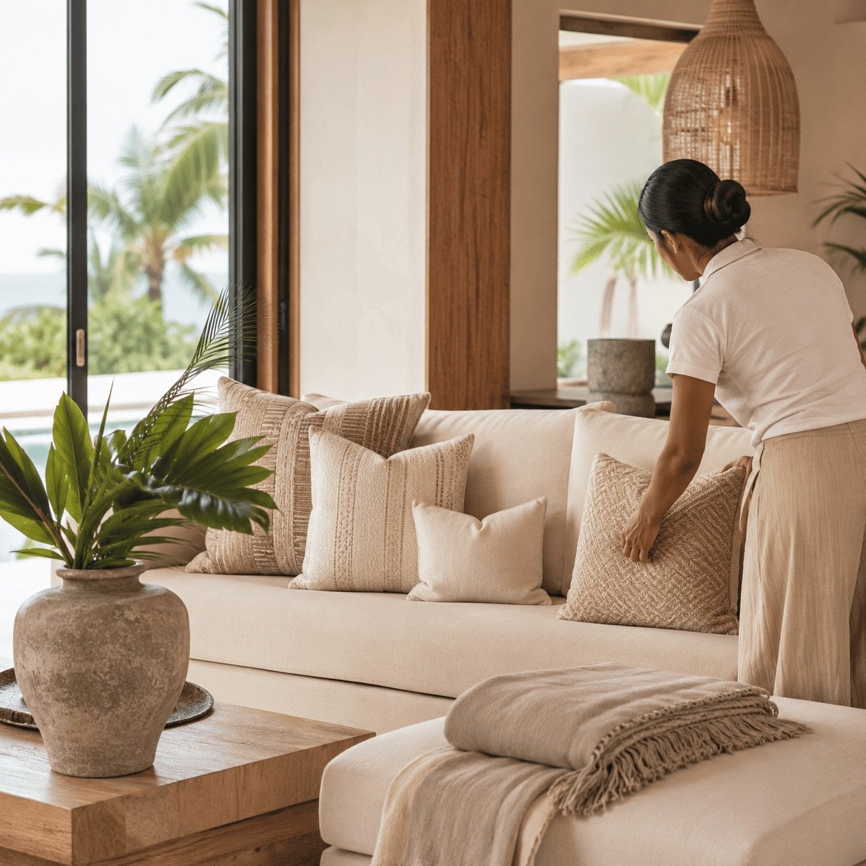 Mise en scène du salon d'une villa lors d'un home staging à Koh Samui