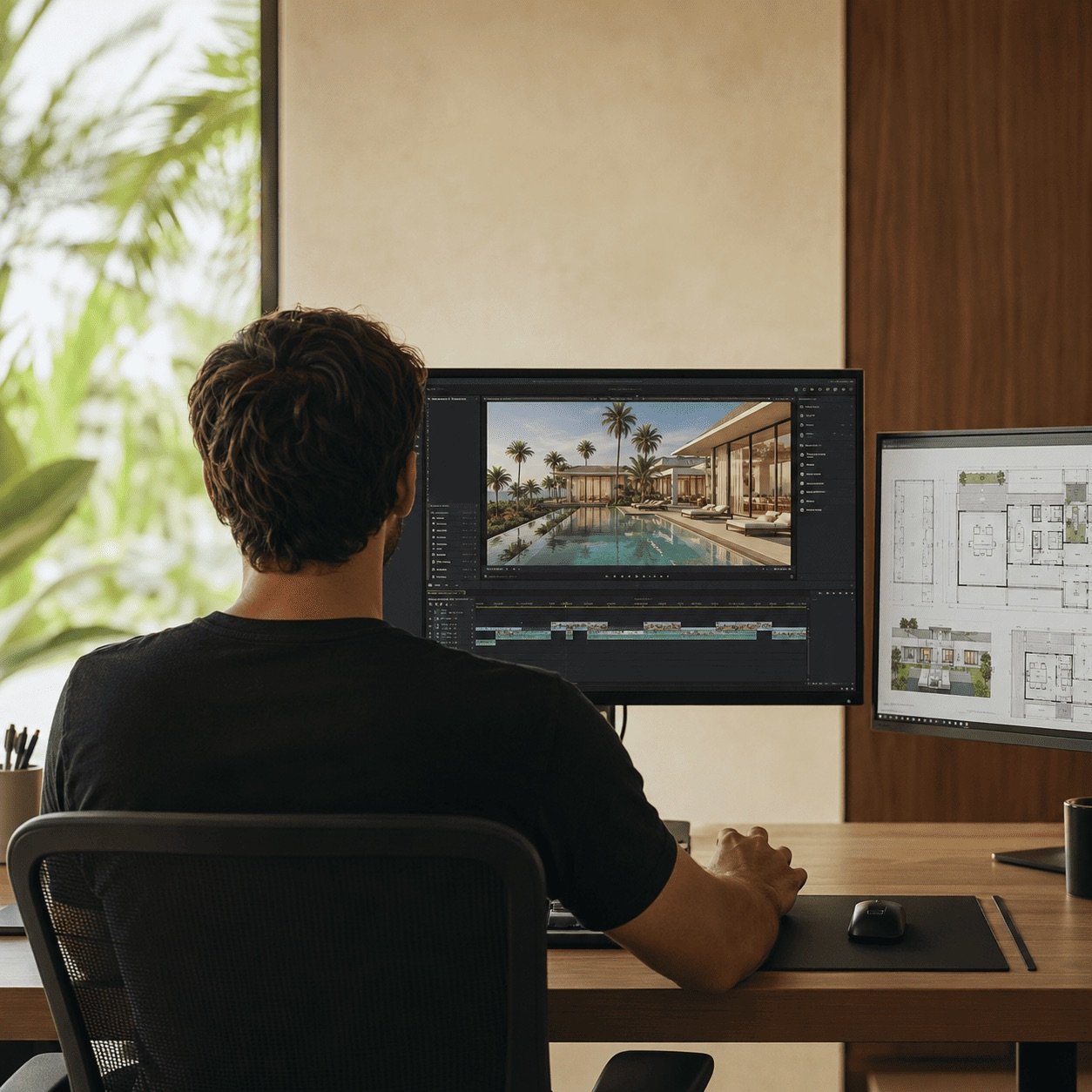 Monteur travaillant sur la vidéo 3D d'une villa avec piscine à Koh Samui