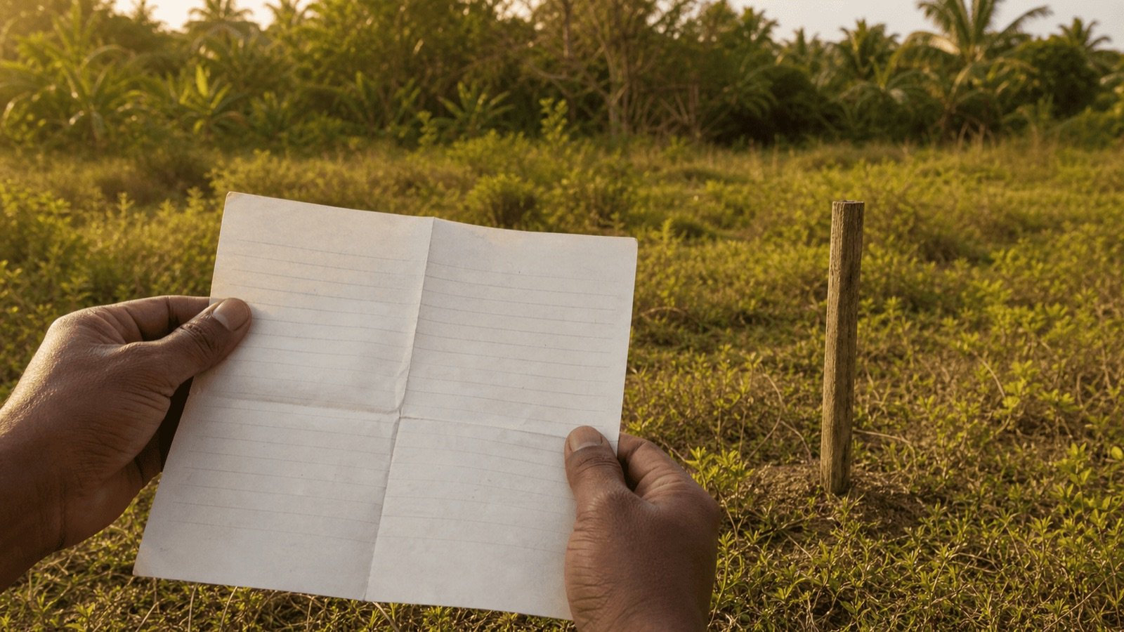 Mains tenant un document foncier au bord d'un terrain agricole borné, le certificat Nor Sor 2 en Thaïlande