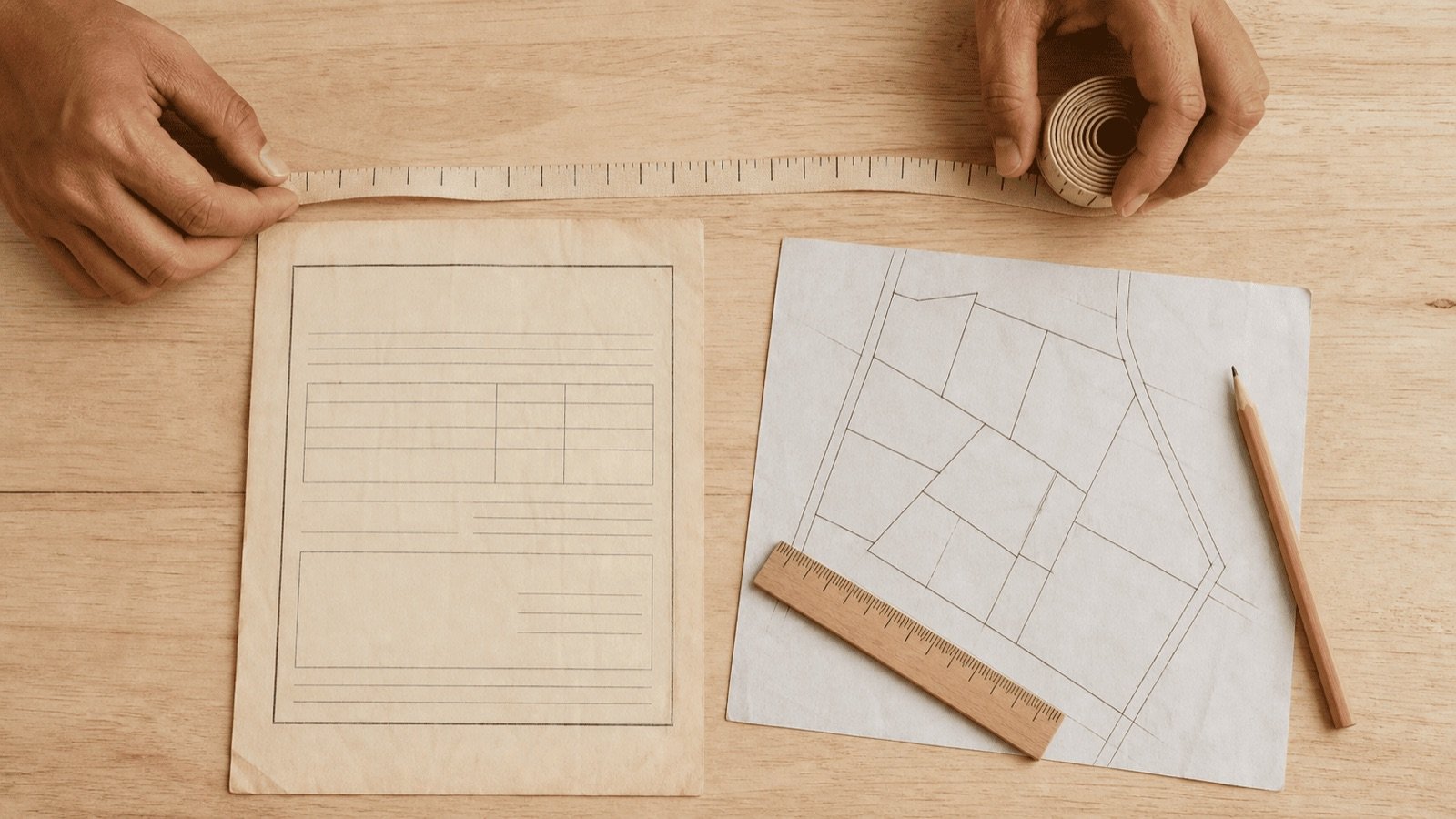 Mètre ruban, plan de parcelle, règle et crayon sur une table, la notation rai ngan wah des surfaces en Thaïlande