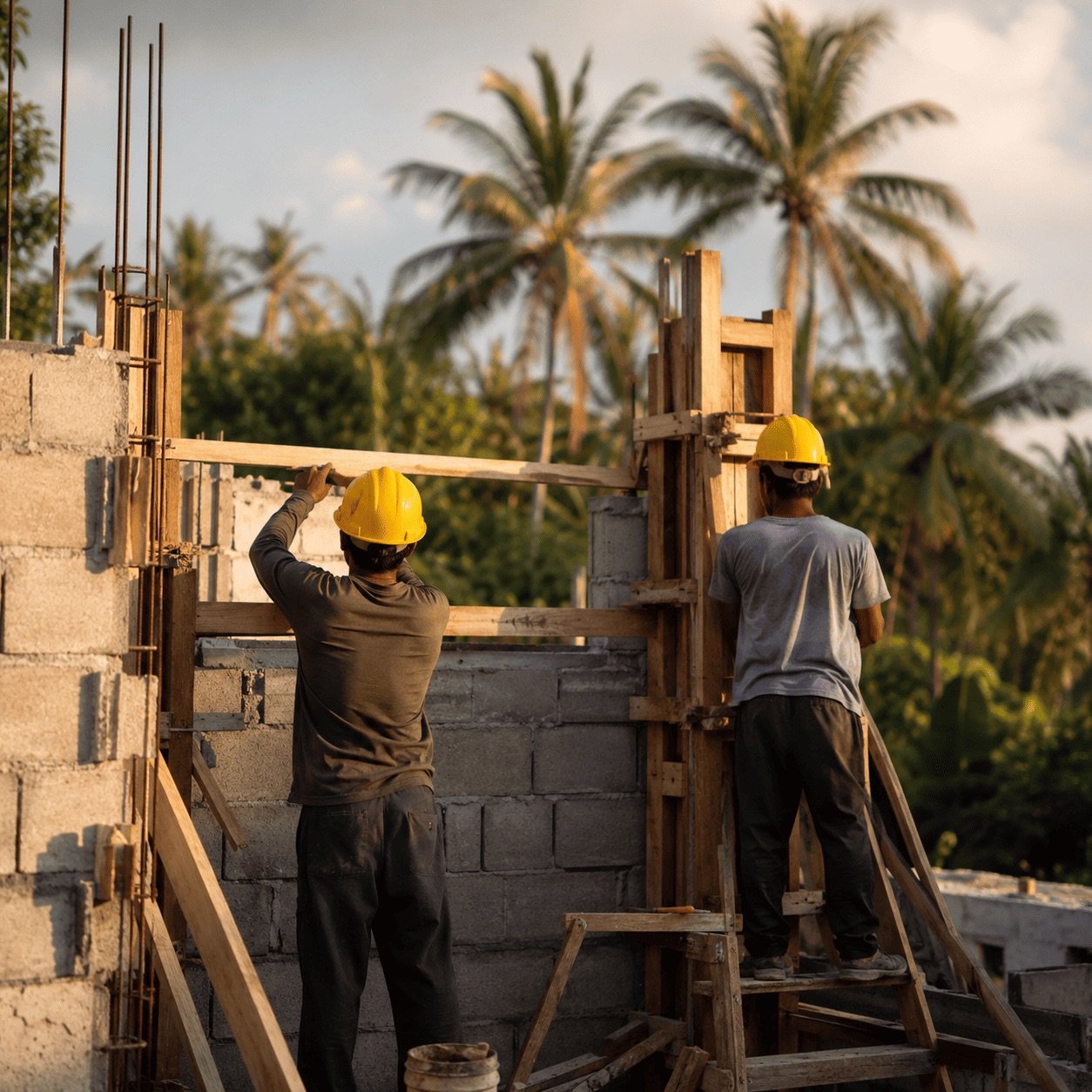Ouvriers thaïlandais montant les murs d'une villa en construction à Koh Samui