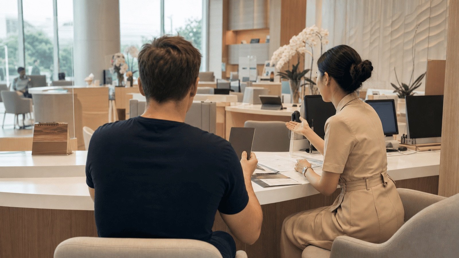 Client étranger au comptoir d'une banque thaïlandaise, illustrant l'ouverture d'un compte bancaire en Thaïlande