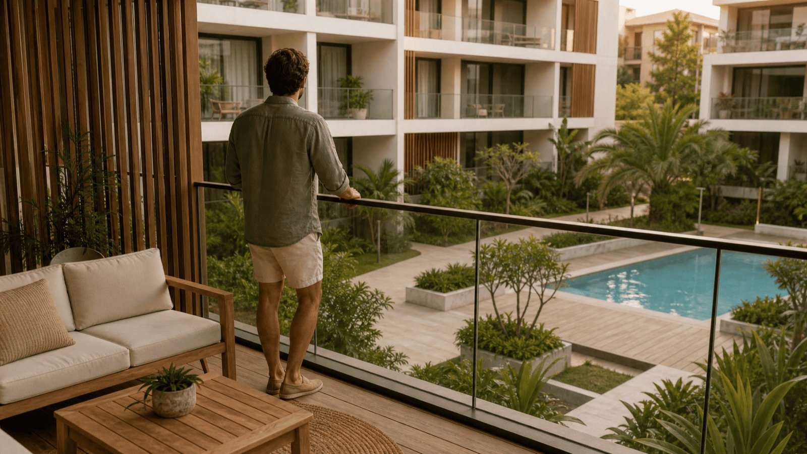 Homme sur le balcon privatif d'un condominium surplombant le jardin commun de la résidence, les parties privatives en Thaïlande