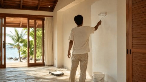 Peintre appliquant la peinture lors de la rénovation d'une villa à Koh Samui
