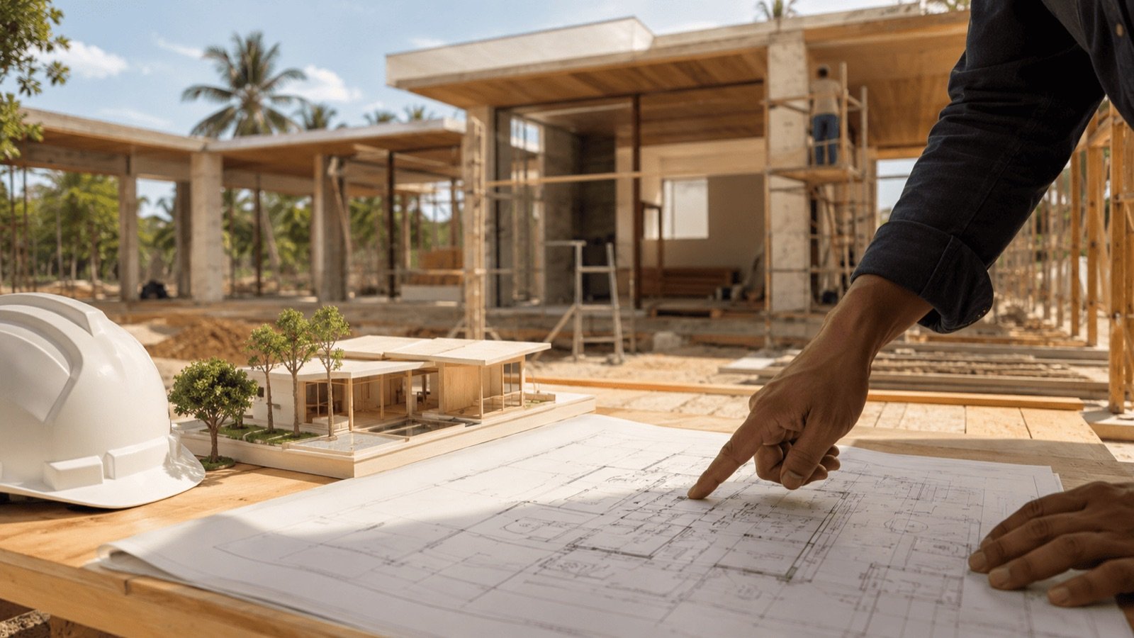 Plan d'architecte sur un chantier de villa à Koh Samui, illustrant le permis de construire en Thaïlande