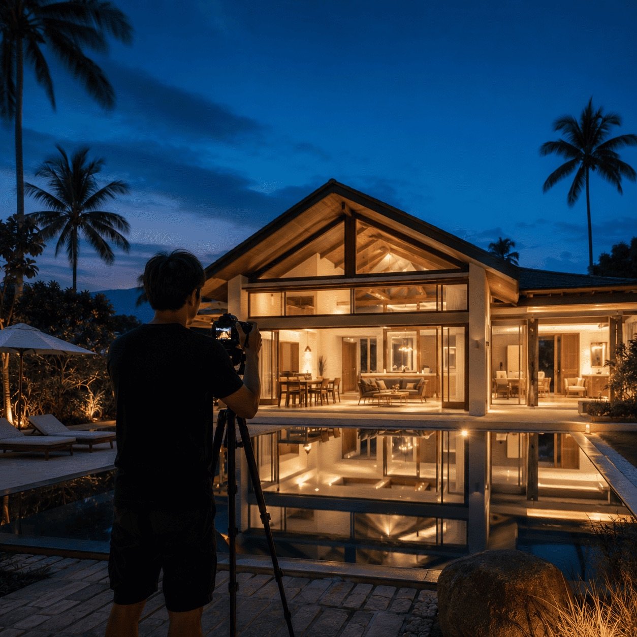 Photographe immobilier au crépuscule devant une villa éclairée à Koh Samui