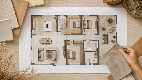 Plan d'aménagement meublé d'une villa vu du dessus