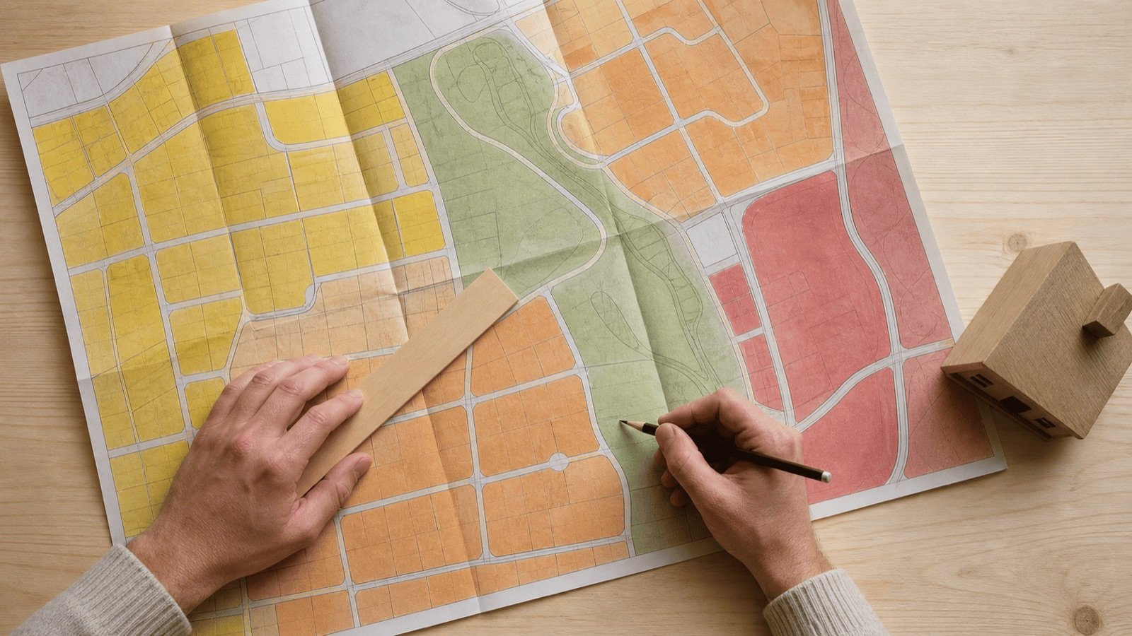 Carte d'urbanisme aux zones de couleur étudiée au crayon, le plan d'urbanisme thaïlandais