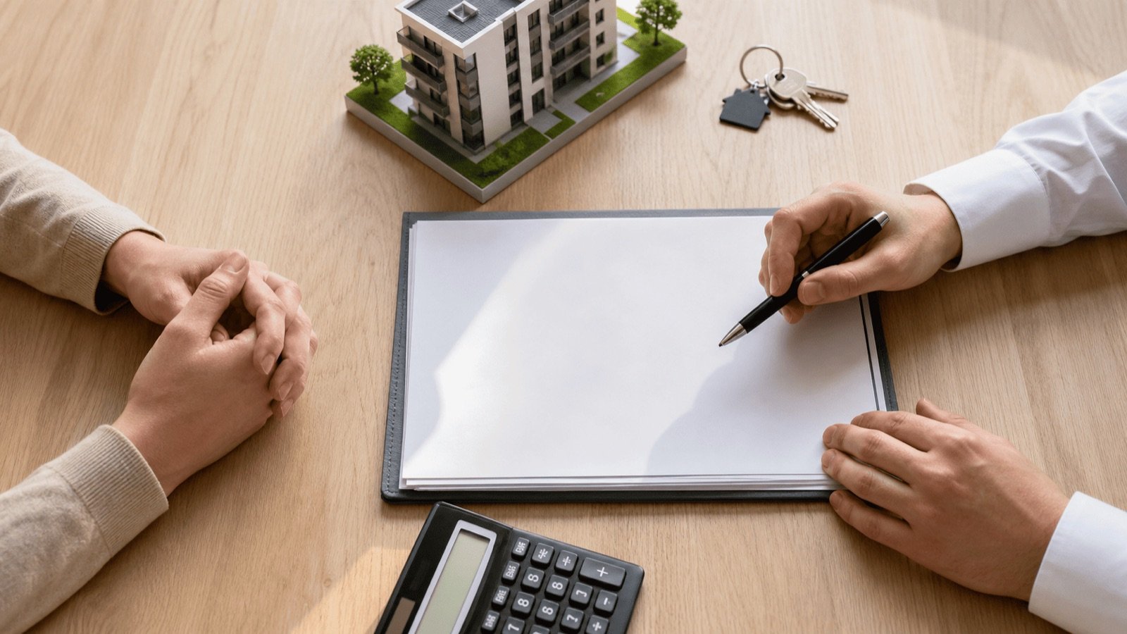 Signature d'un dossier de financement avec maquette d'immeuble et clés, prêt immobilier en Thaïlande pour un étranger