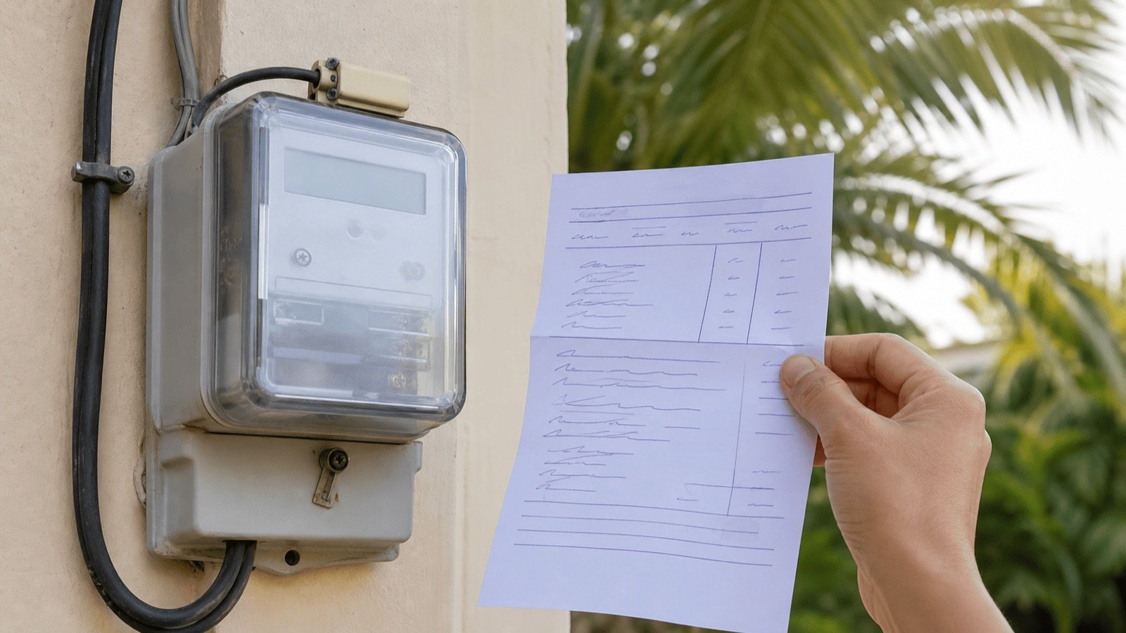 Compteur électrique d'une villa et facture en main, le prix de l'électricité en Thaïlande