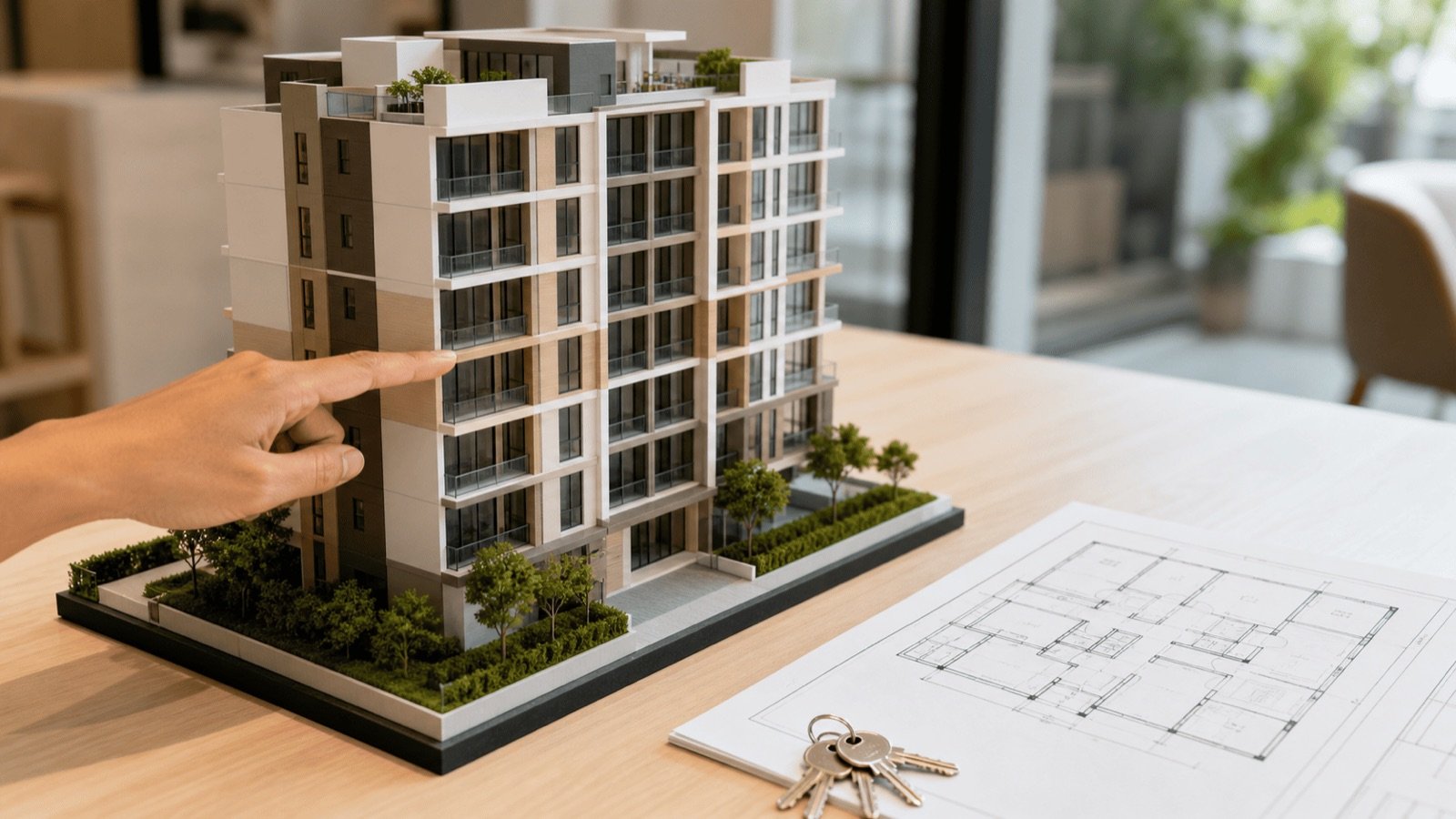 Doigt désignant les unités d'une maquette de condominium, la part du quota thaï de l'immeuble