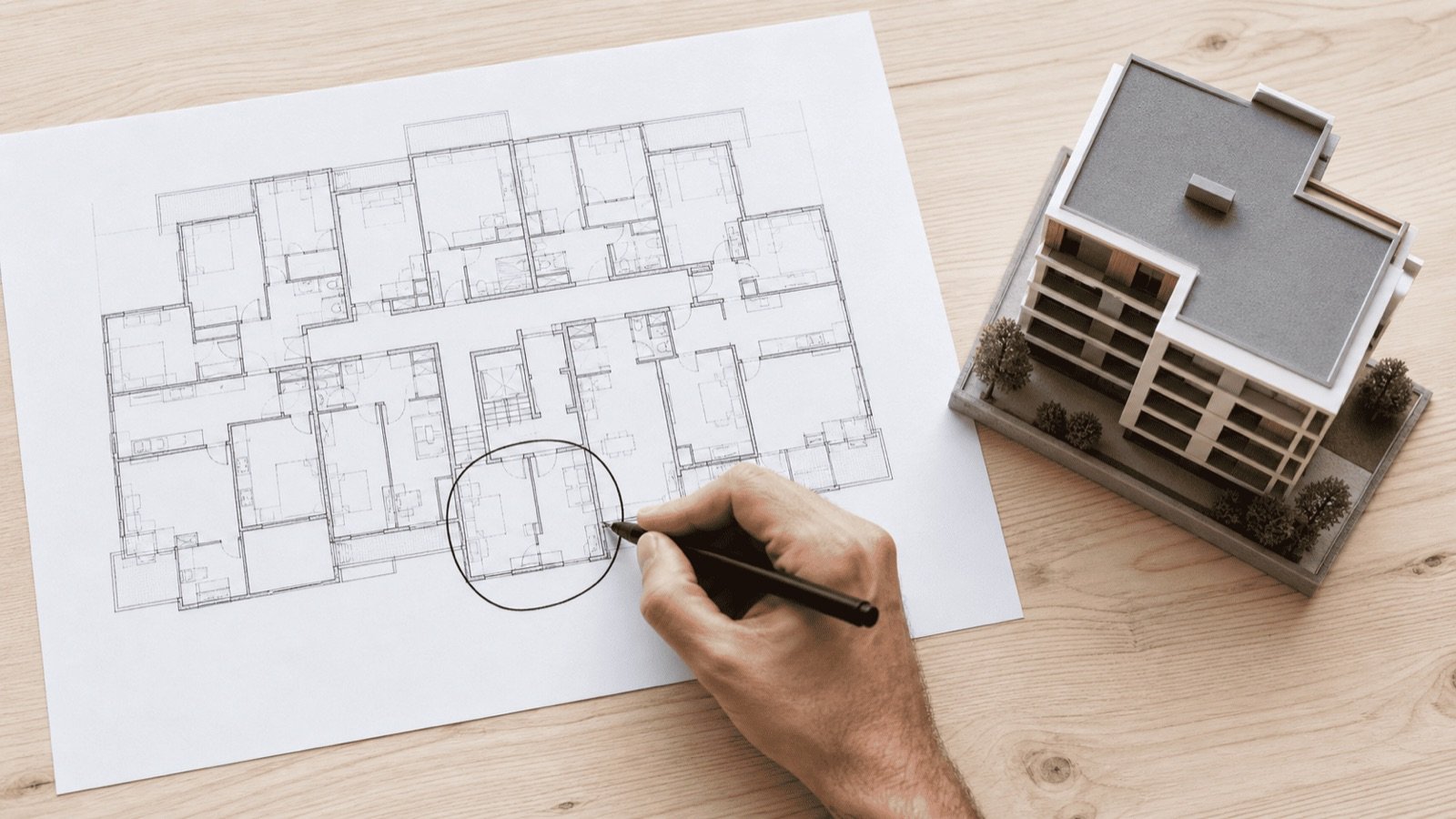 Doigt sur le plan d'étage d'un condominium, la quote-part calculée sur la surface de chaque unité