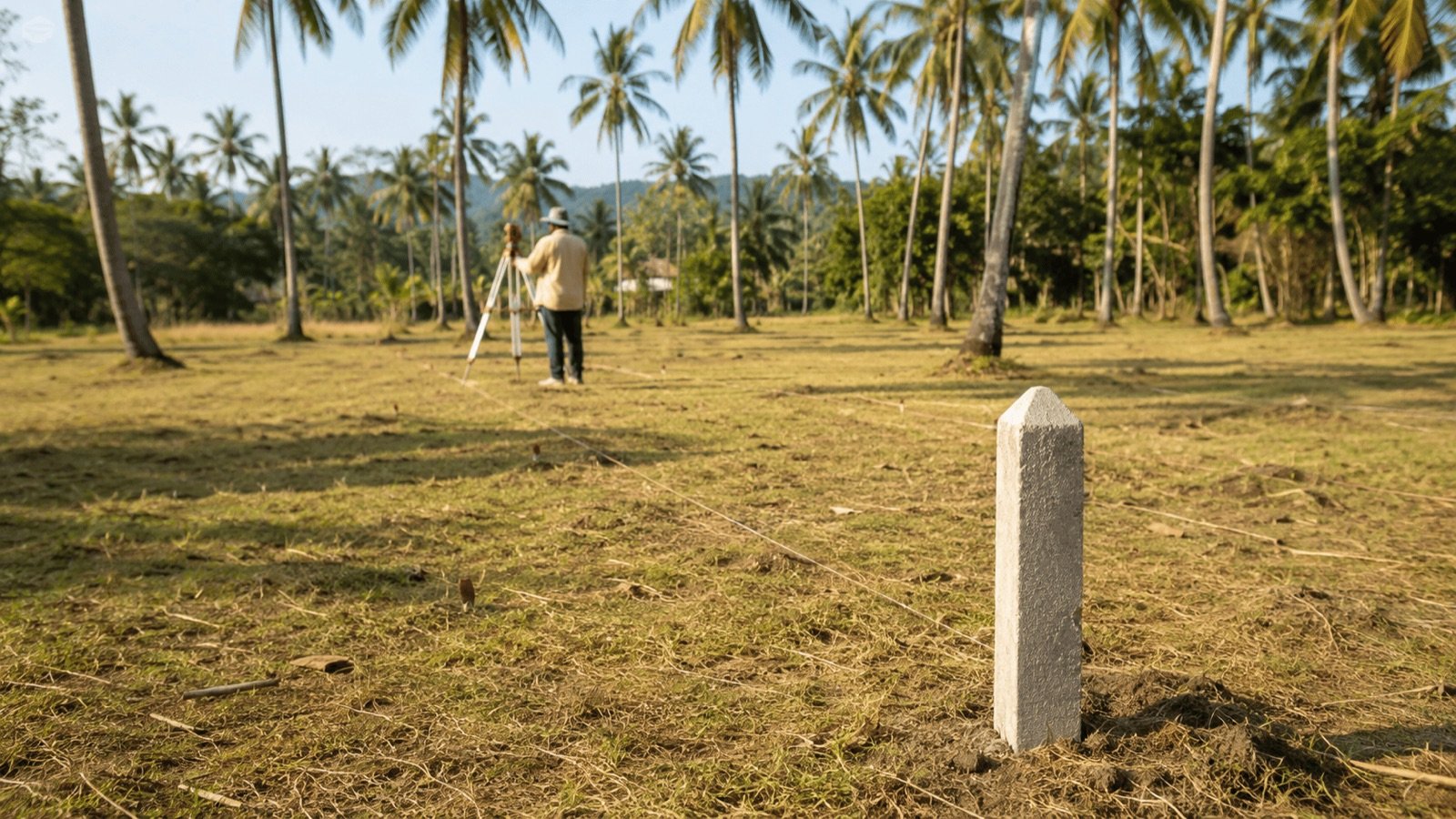Parcelle de terrain bornée à Koh Samui avec un géomètre, illustrant la mesure d'un rai en Thaïlande