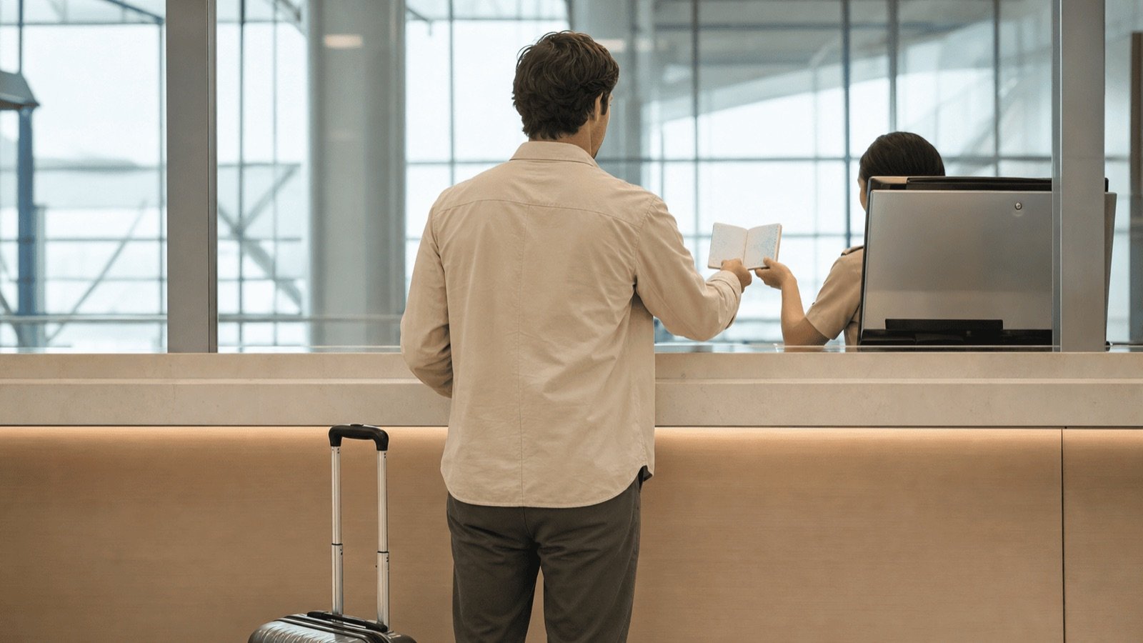 Voyageur présentant son passeport au comptoir de l'aéroport pour son re-entry permit thaïlandais