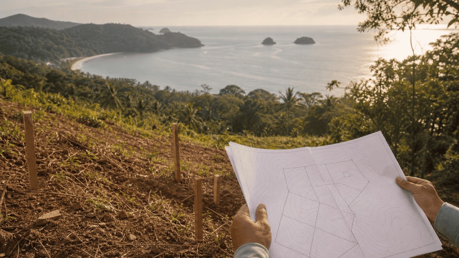 Terrain à flanc de colline face à la mer avec plan topographique, la règle des 80 mètres de Phuket