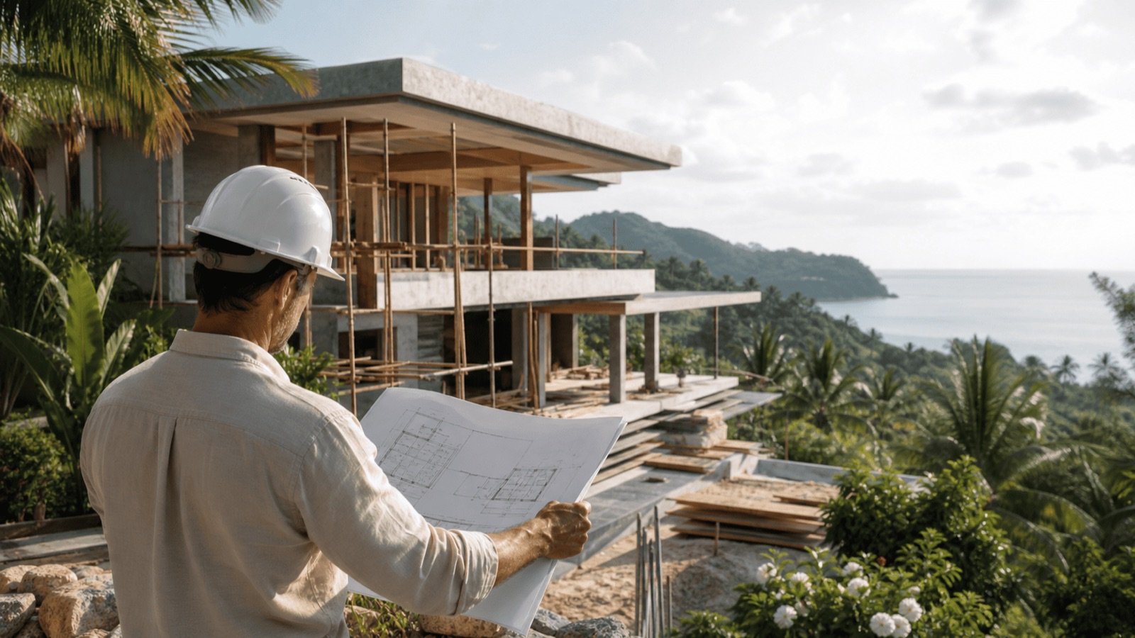Architecte devant un chantier de villa avec vue mer, les règles de construction à Koh Samui