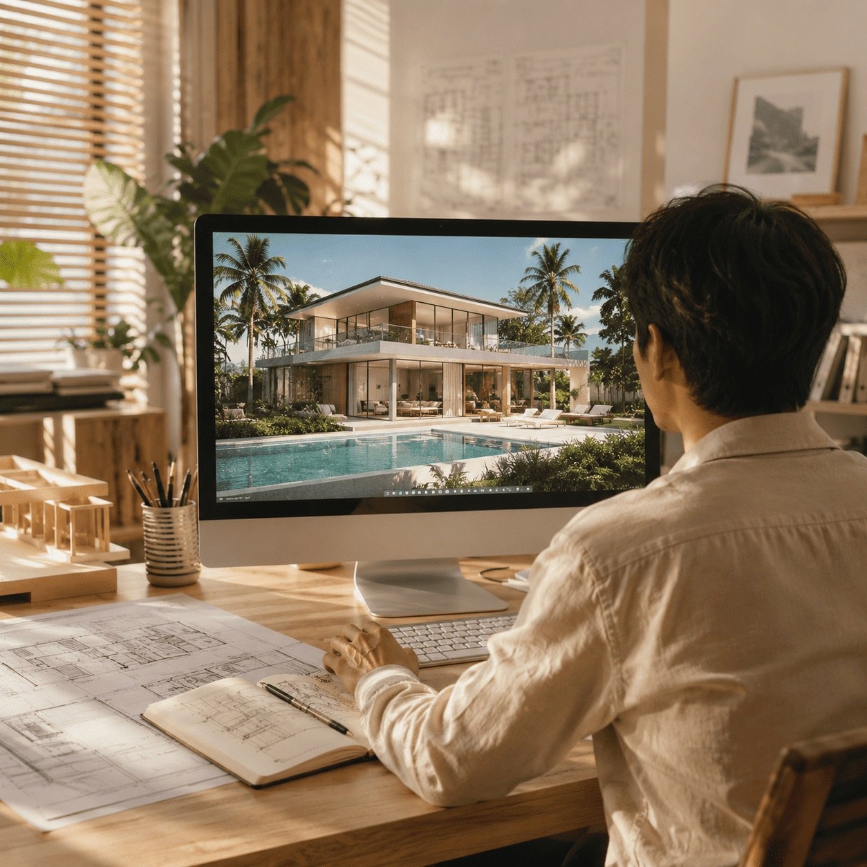 Infographiste finalisant le rendu 3D d'une villa avec piscine à Koh Samui