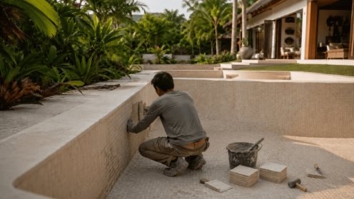 Pose du carrelage neuf dans la piscine d'une villa à Koh Samui