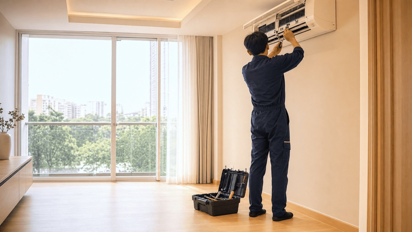 Technicien réparant un climatiseur mural avec sa caisse à outils, les réparations locatives en Thaïlande