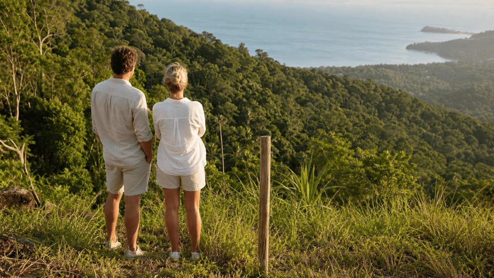 Couple sur une colline dominant une côte boisée près d'une borne, un terrain classé en réserve forestière en Thaïlande