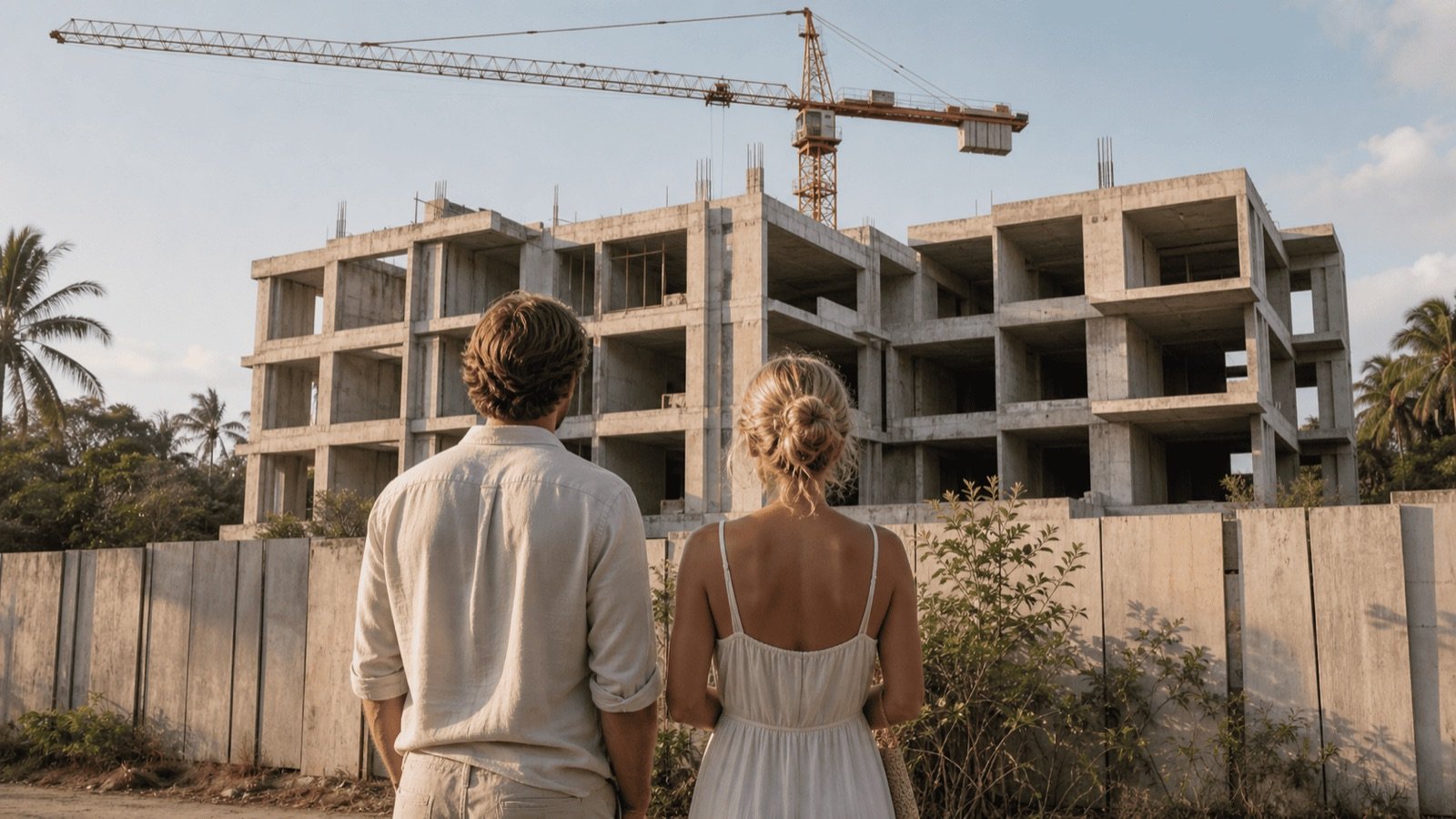 Couple face à un immeuble en béton inachevé surmonté d'une grue, le retard de livraison du promoteur en Thaïlande