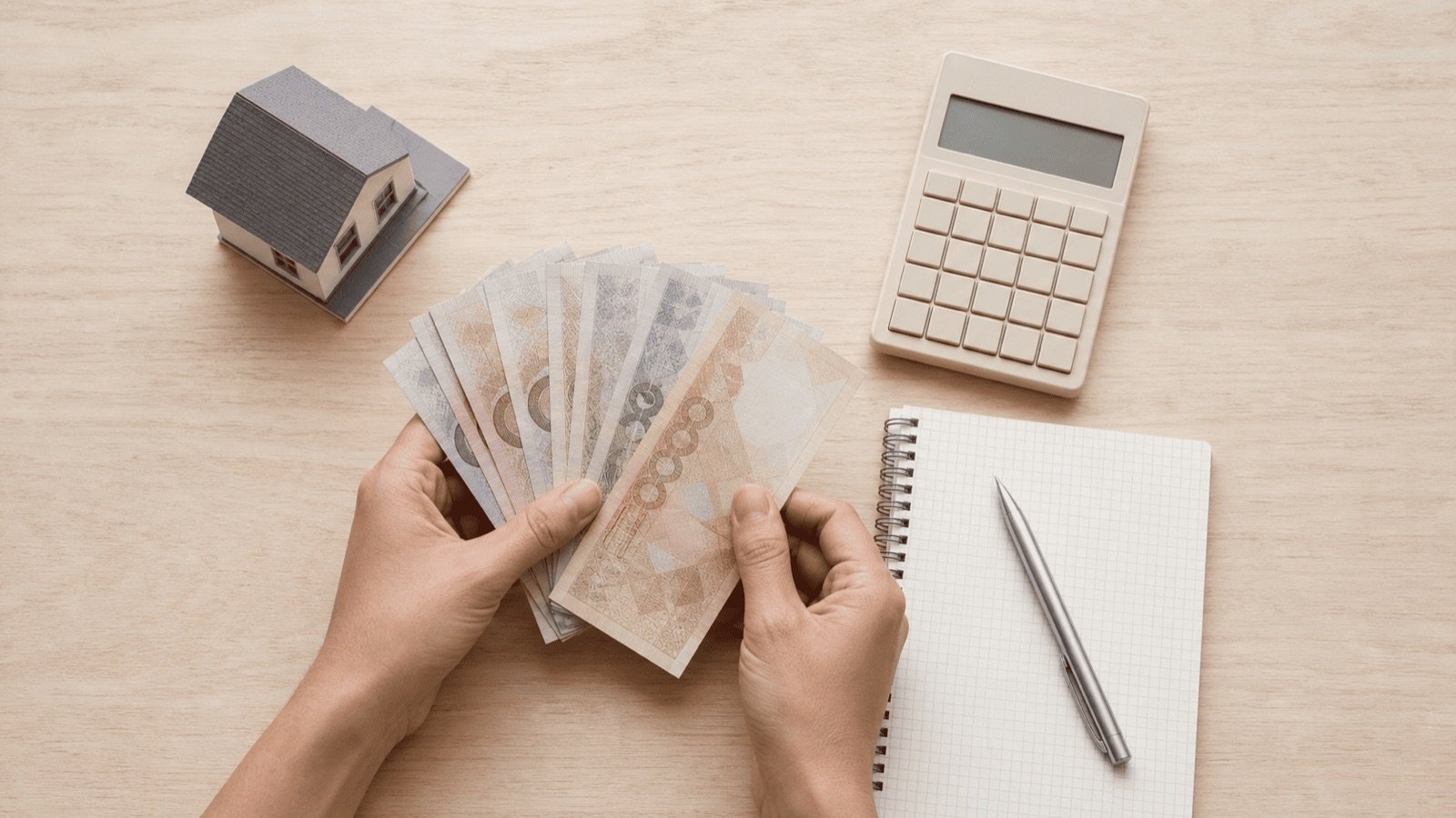 Calcul de la retenue à la source sur la vente d'un bien immobilier en Thaïlande, billets et calculatrice en main