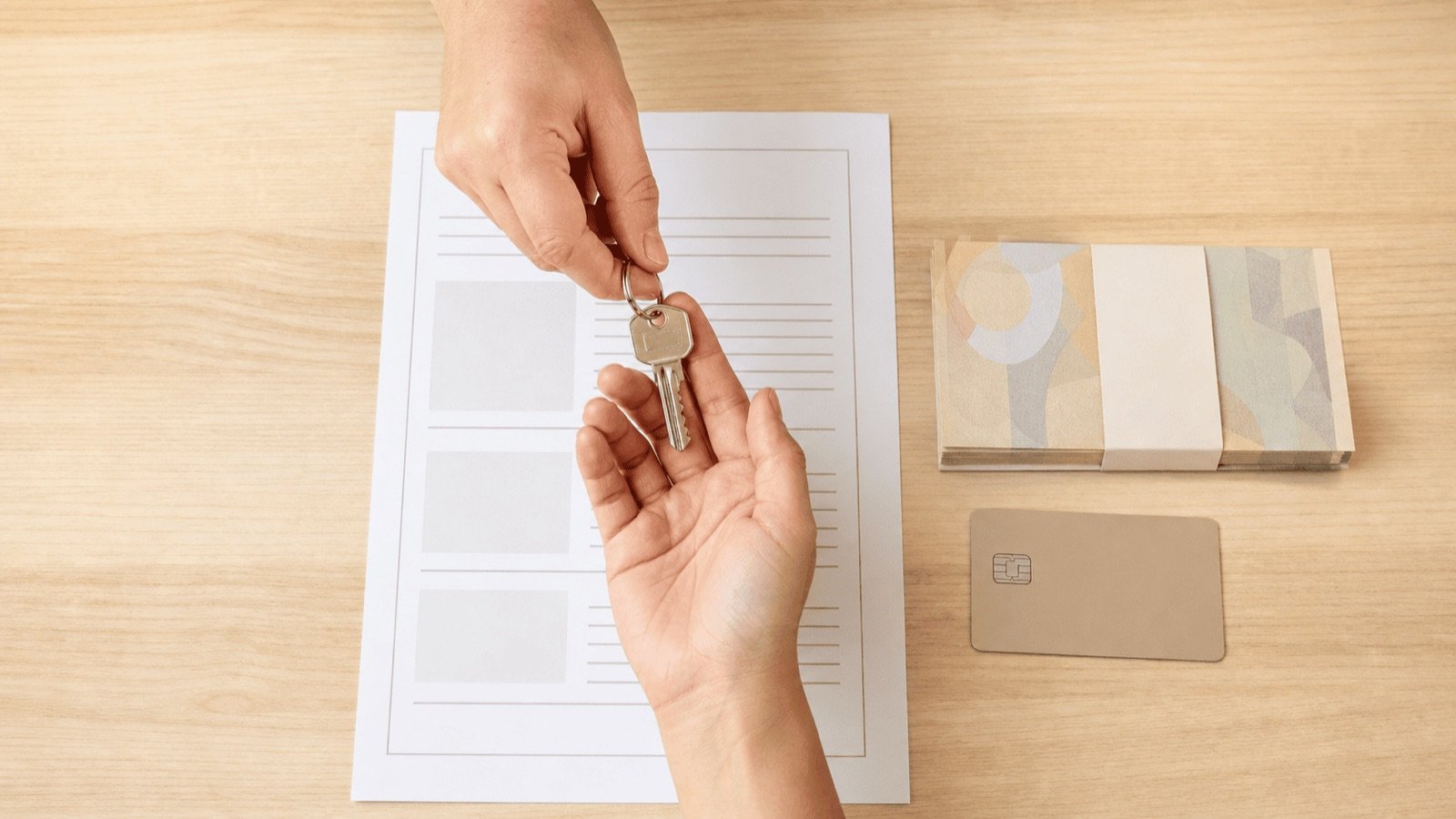 Clé remise au-dessus d'un document près d'une liasse de billets et d'une carte bancaire, revendre son bien immobilier en Thaïlande