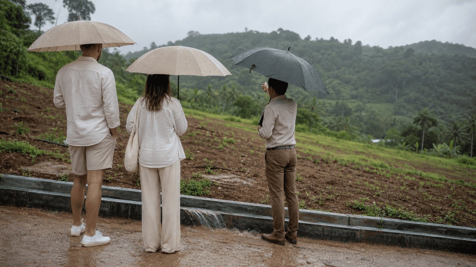 Trois personnes sous des parapluies observant un coteau boueux ruisselant sous la pluie, le risque d'inondation en Thaïlande