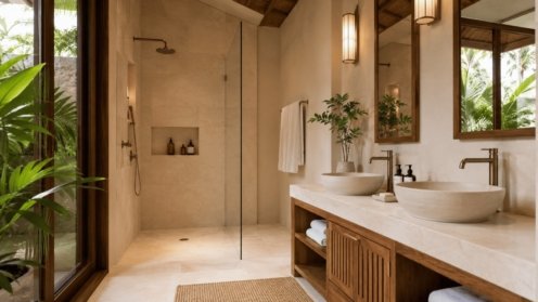 Salle de bain rénovée avec douche à l'italienne dans une villa à Koh Samui