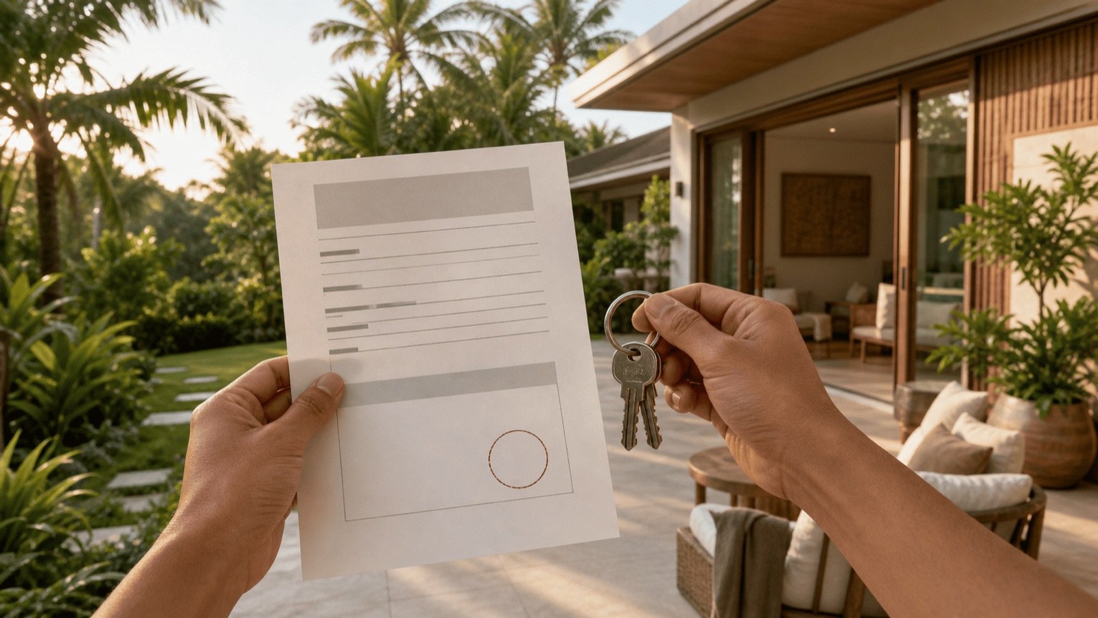 Contrat et clés remis devant une villa, le sap ing sith, droit réel de trente ans créé en 2019