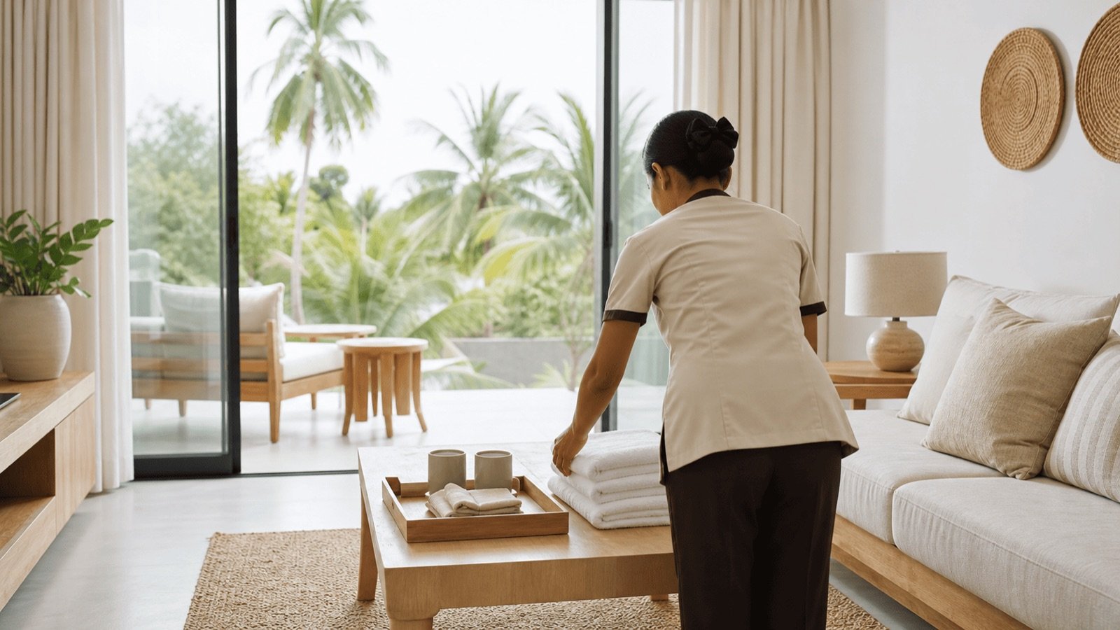 Employée préparant les serviettes dans un serviced apartment en Thaïlande