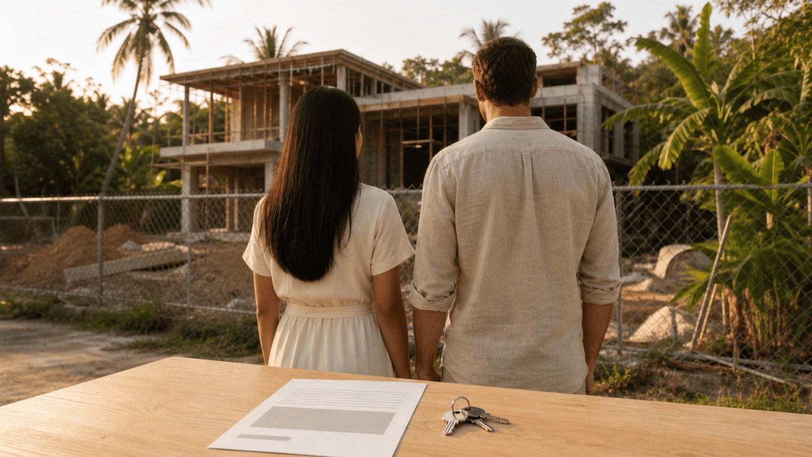 Couple devant la maison construite sur le terrain du conjoint thaï, le principe du Sin Suan Tua