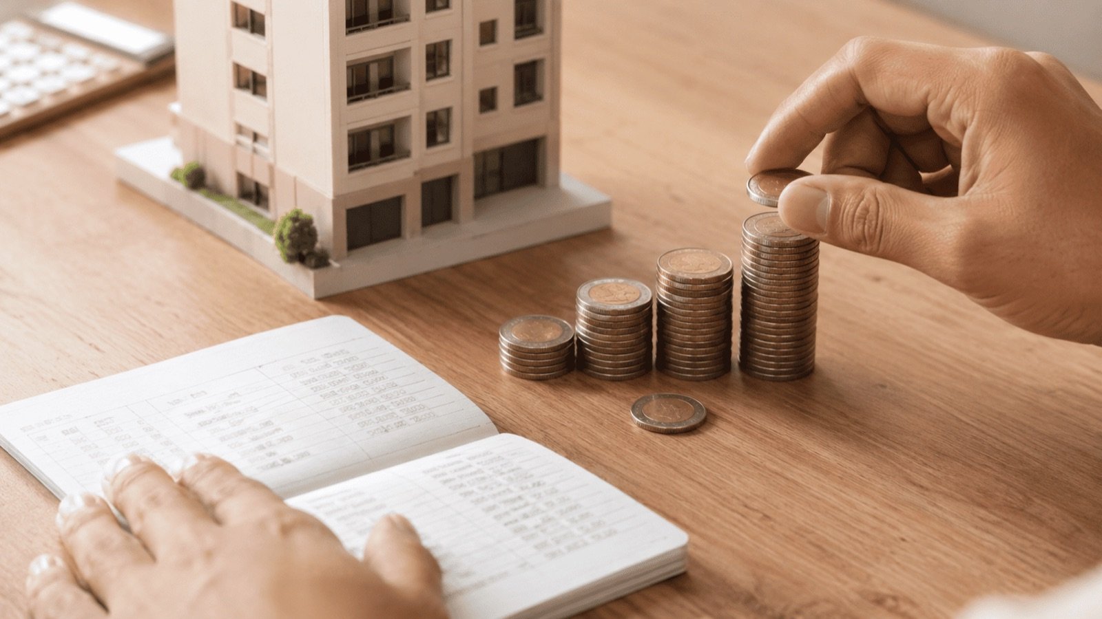 Économies et maquette d'immeuble illustrant le sinking fund d'un condo