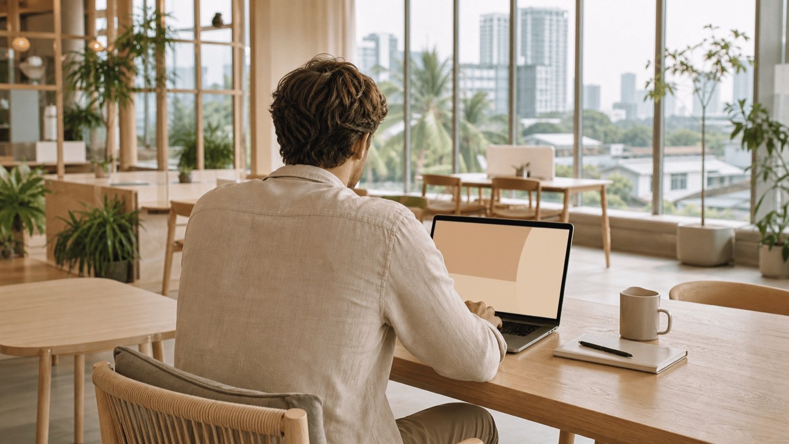 Entrepreneur étranger travaillant sur son ordinateur portable devant une skyline urbaine, le SMART Visa startup en Thaïlande