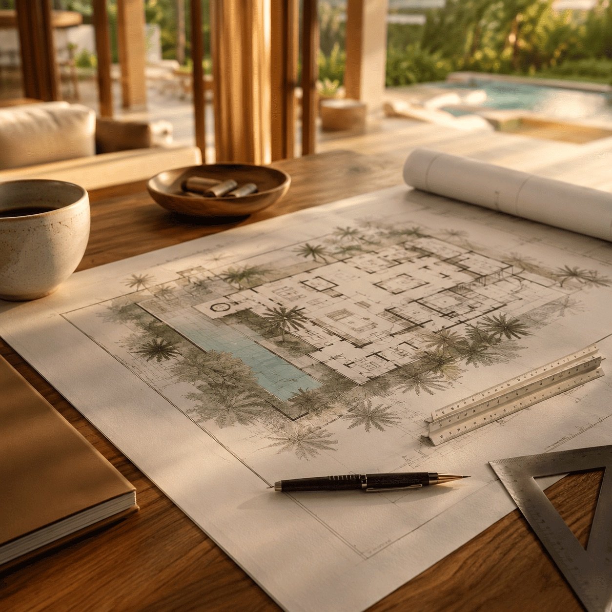Plan 2D de villa tropicale sur une table à dessin à Koh Samui