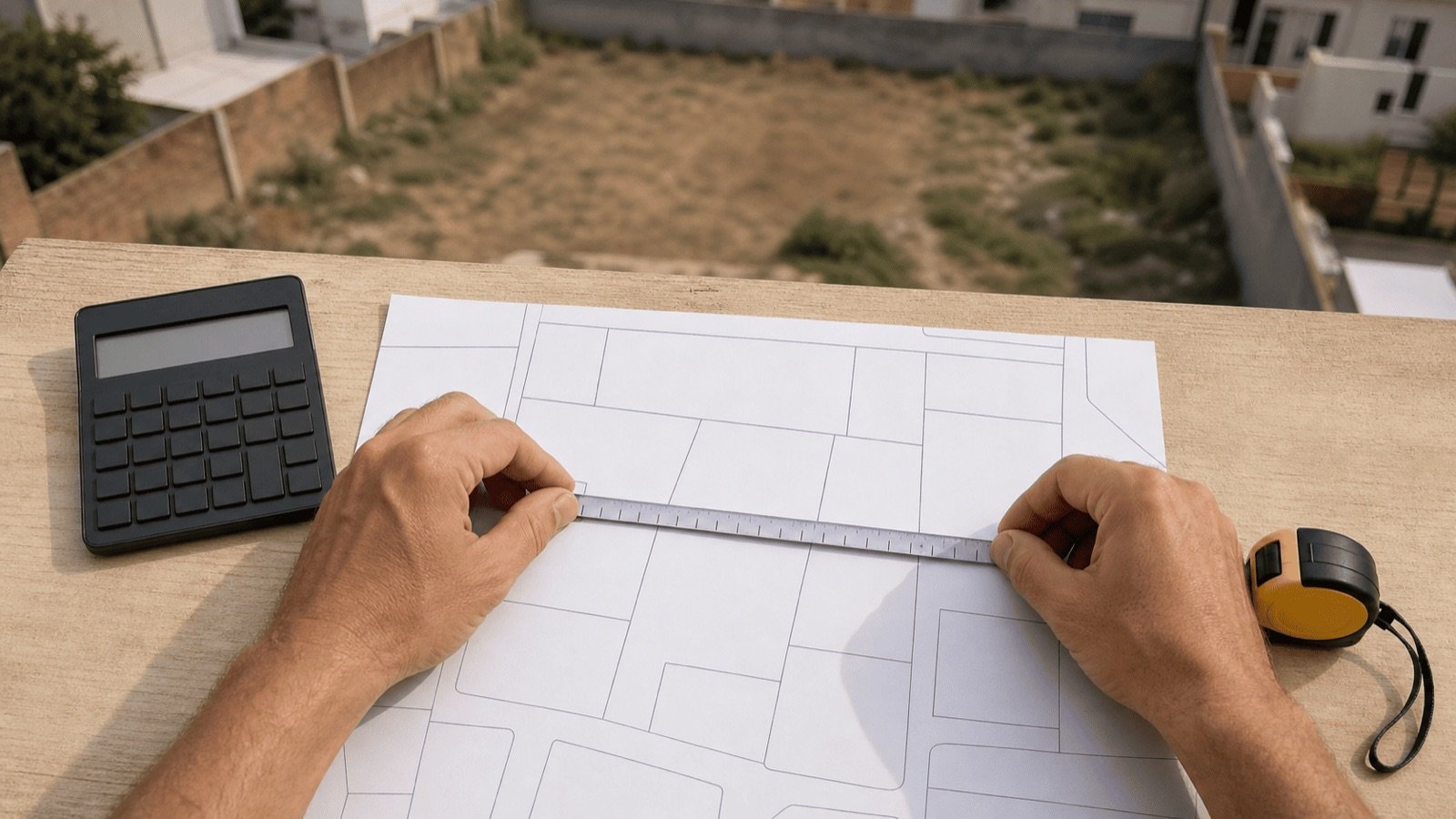 Mesure d'un plan cadastral à la règle au-dessus d'une parcelle, le talang wah comme unité de surface