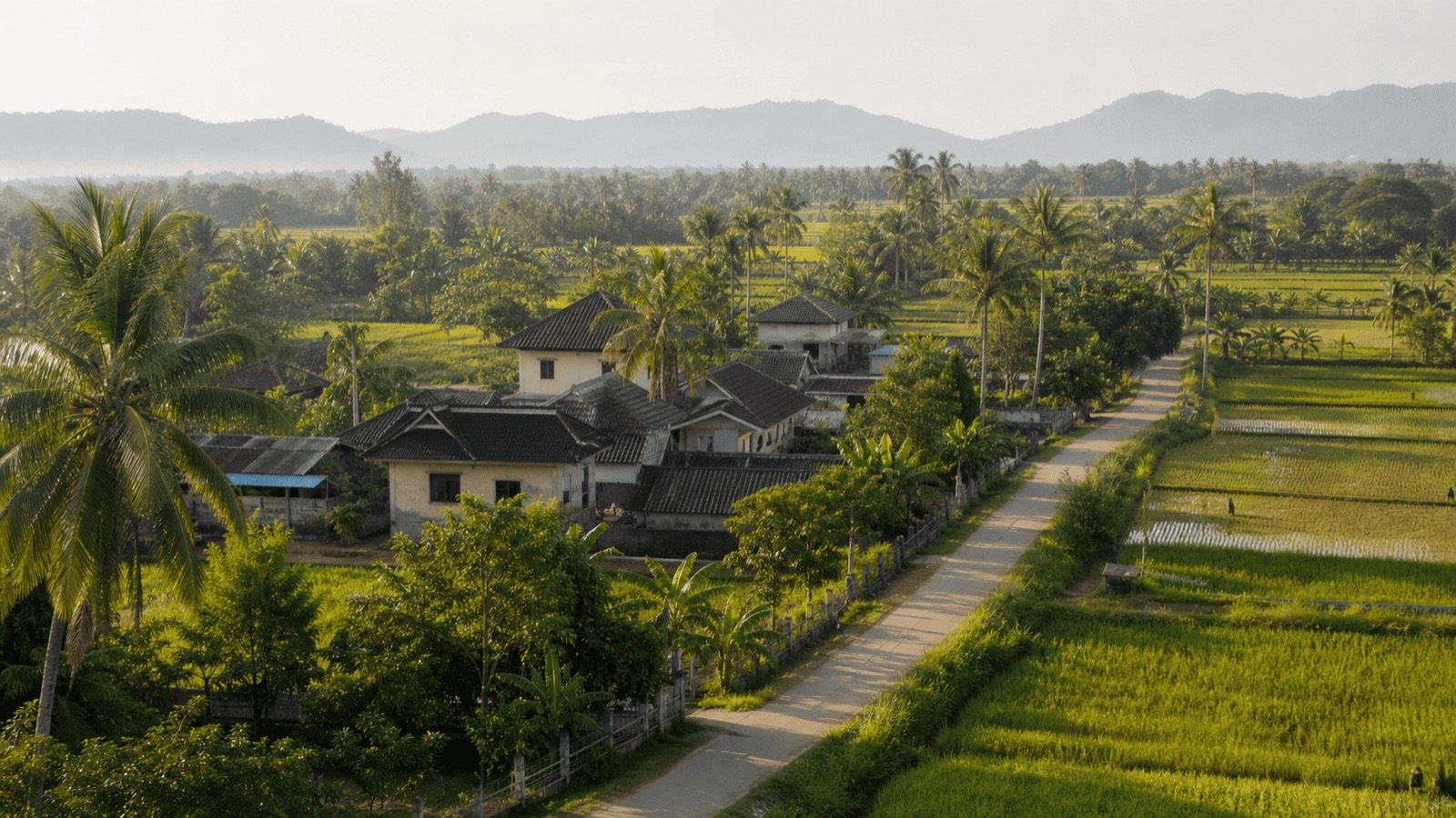 Vue aérienne d'un village rural thaïlandais entouré de rizières et de montagnes, le tambon ou sous-district en Thaïlande