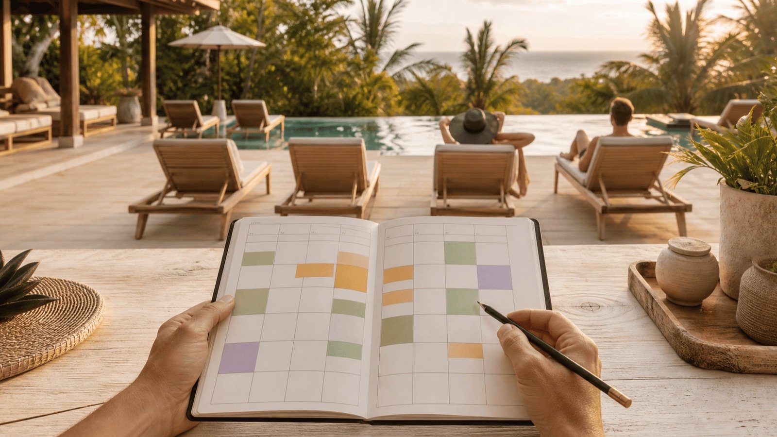 Calendrier de réservations rempli au bord de la piscine d'une villa, le taux d'occupation d'une location en Thaïlande
