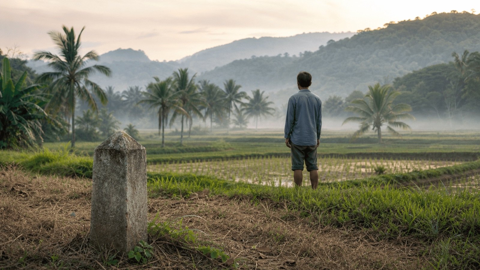 Homme observant des rizières près d'une borne de pierre au lever du jour, le terrain agricole en Thaïlande