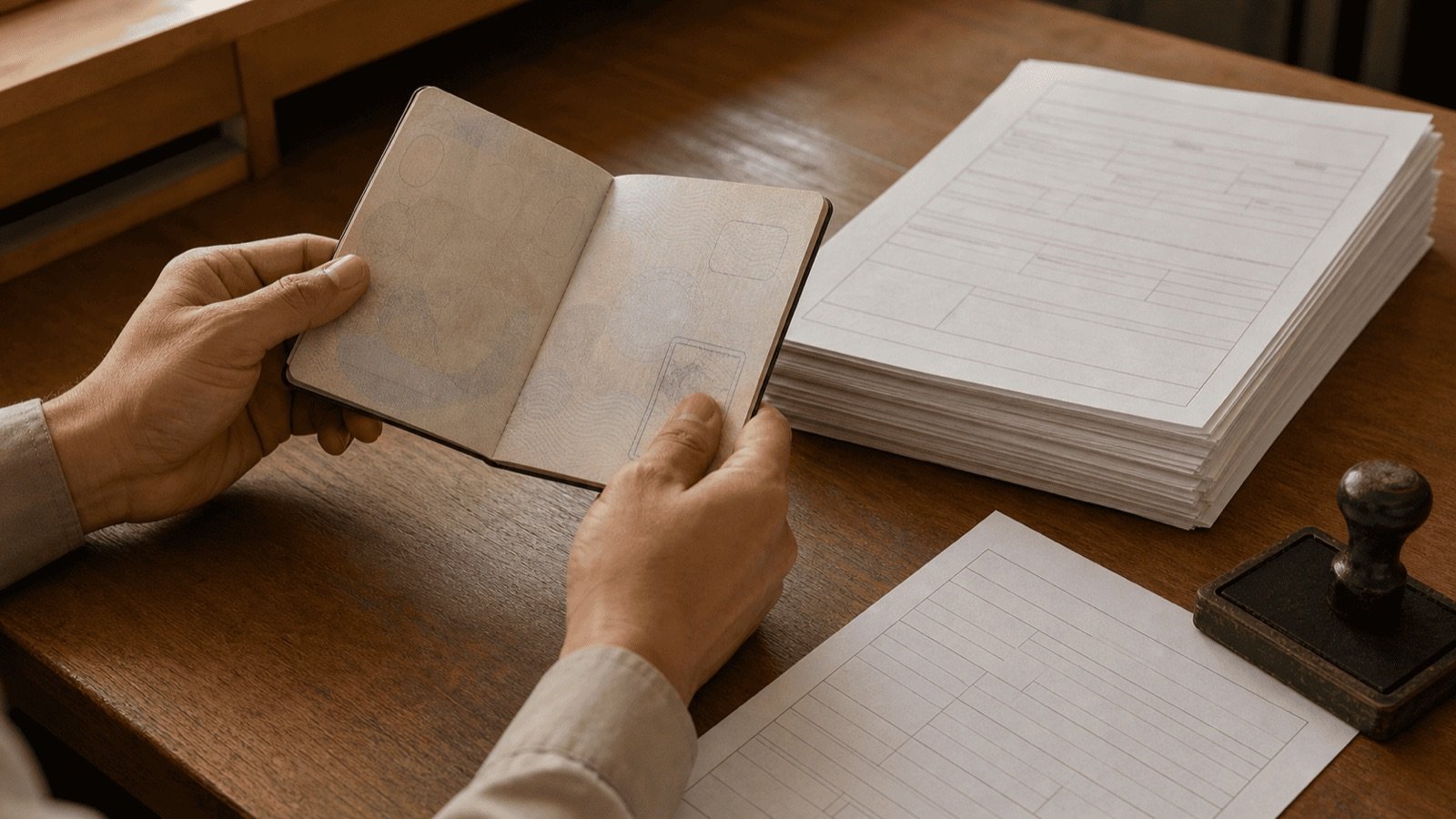 Passeport et pile de formulaires papier, le TM28 de changement d'adresse aujourd'hui tombé en désuétude