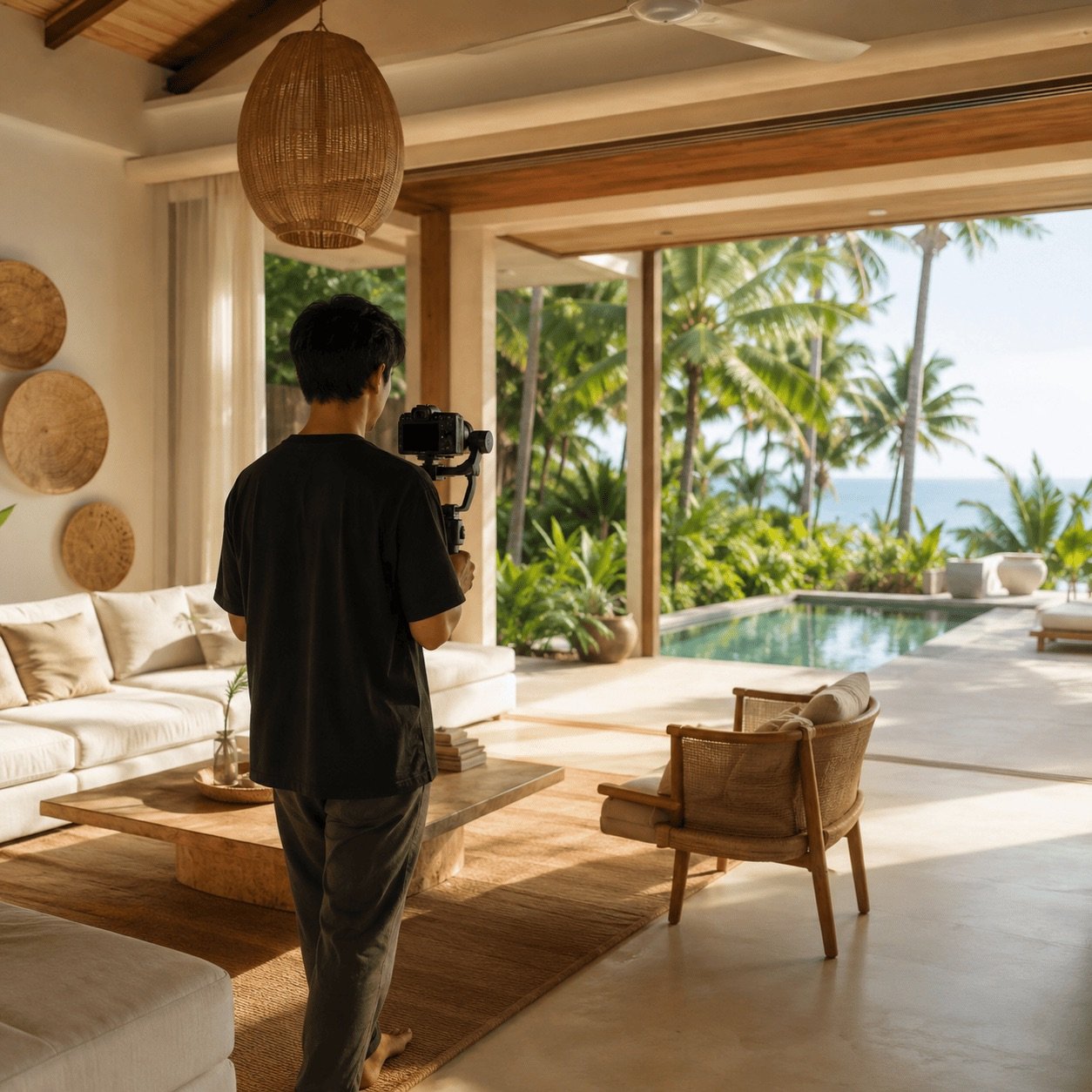 Vidéaste filmant au stabilisateur le salon d'une villa avec piscine à Koh Samui
